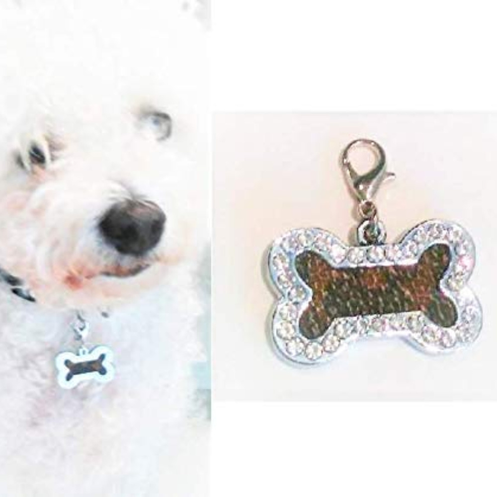 Dog Bone Crystal Charm w REPURPOSED Louie Vuitton Mongram for Dog Cat Pet People